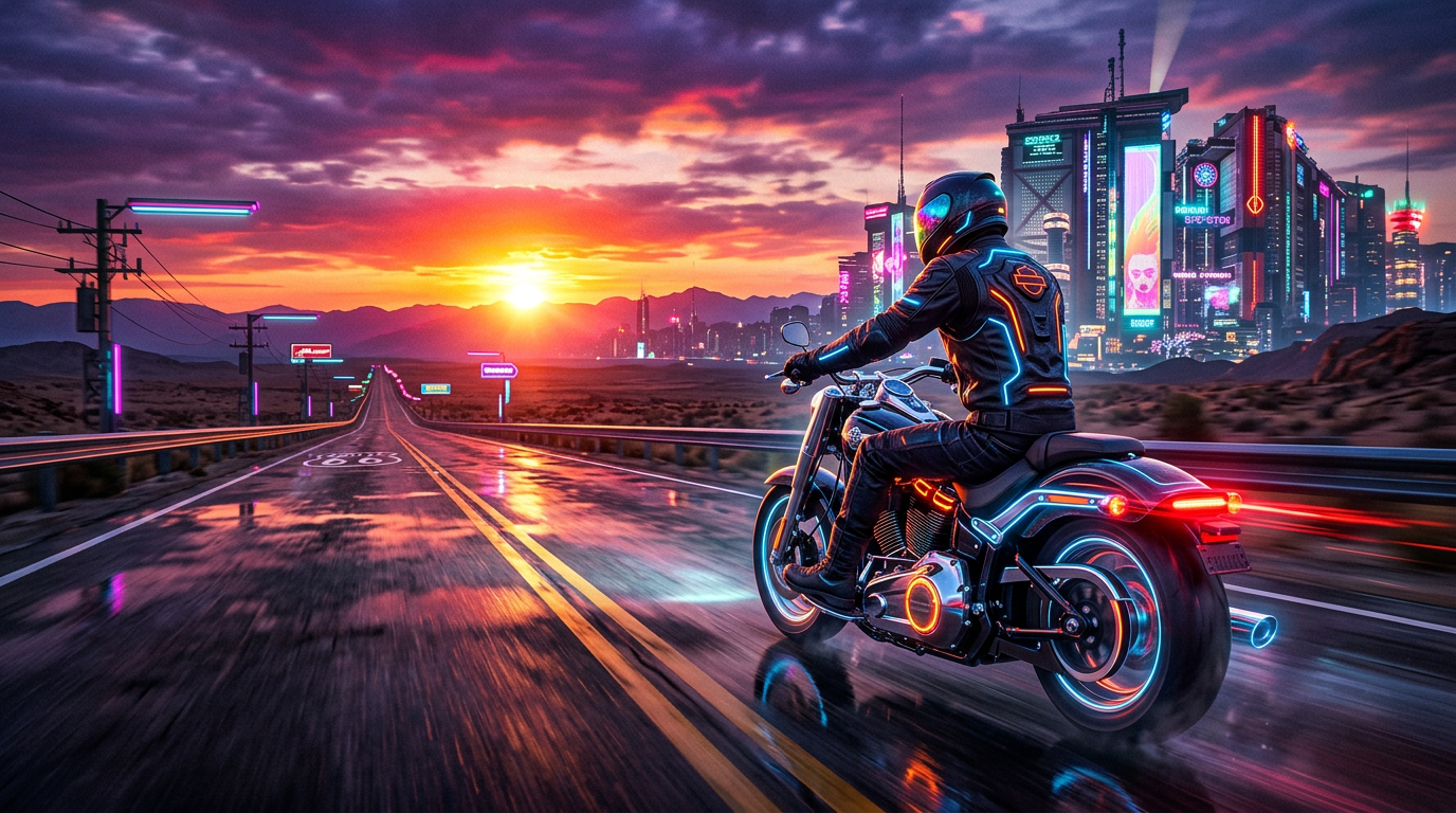 Motorcyclist riding a glowing neon motorcycle on a wet highway at sunset with a futuristic city in the distance