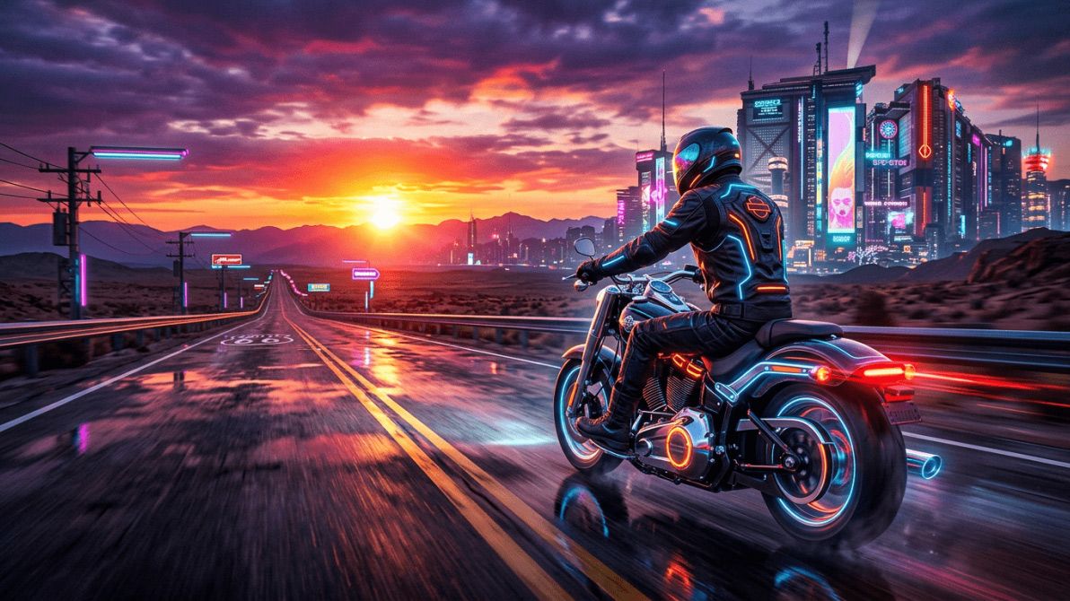 Motorcyclist riding a glowing neon motorcycle on a wet highway at sunset with a futuristic city in the distance